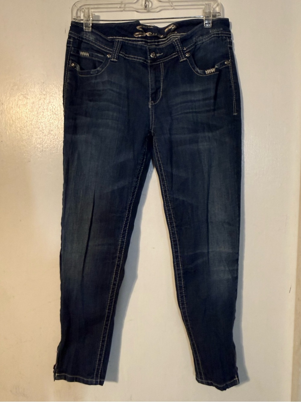 Seven Rhinestone accent Classic Women's Dark Blue Stretch Jeans Ankle Zipper